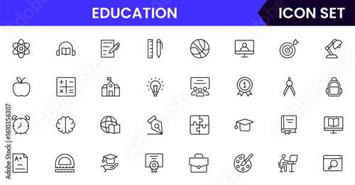 Education vector line icons featuring books, graduation caps, classrooms, teachers, students, online learning, diplomas, study tools, and knowledge sharing symbols.