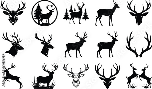 Silhouette Deer Collection Illustrations of Bucks, Heads, Antlers, and Forest Scenes in Black