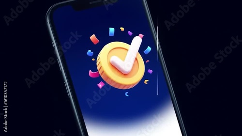 Phone screen showing a gold coin with check mark and confetti