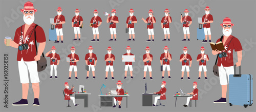 Traveler character model sheet, Character poses, expressions, Walk cycle, Run cycle animated character sequences.