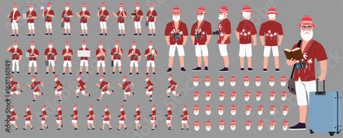 Traveler character model sheet, Character poses, expressions, Walk cycle, Run cycle animated character sequences.