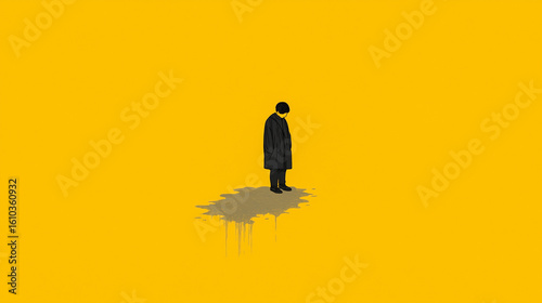 Minimalist, high-contrast illustration of a solitary, melancholic figure with a dripping shadow on a vibrant yellow background, symbolizing loneliness or depression.
