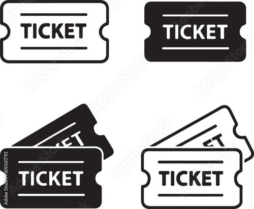Ticket Icon Set, Filled and Outline Vector Symbols in Black on White Background