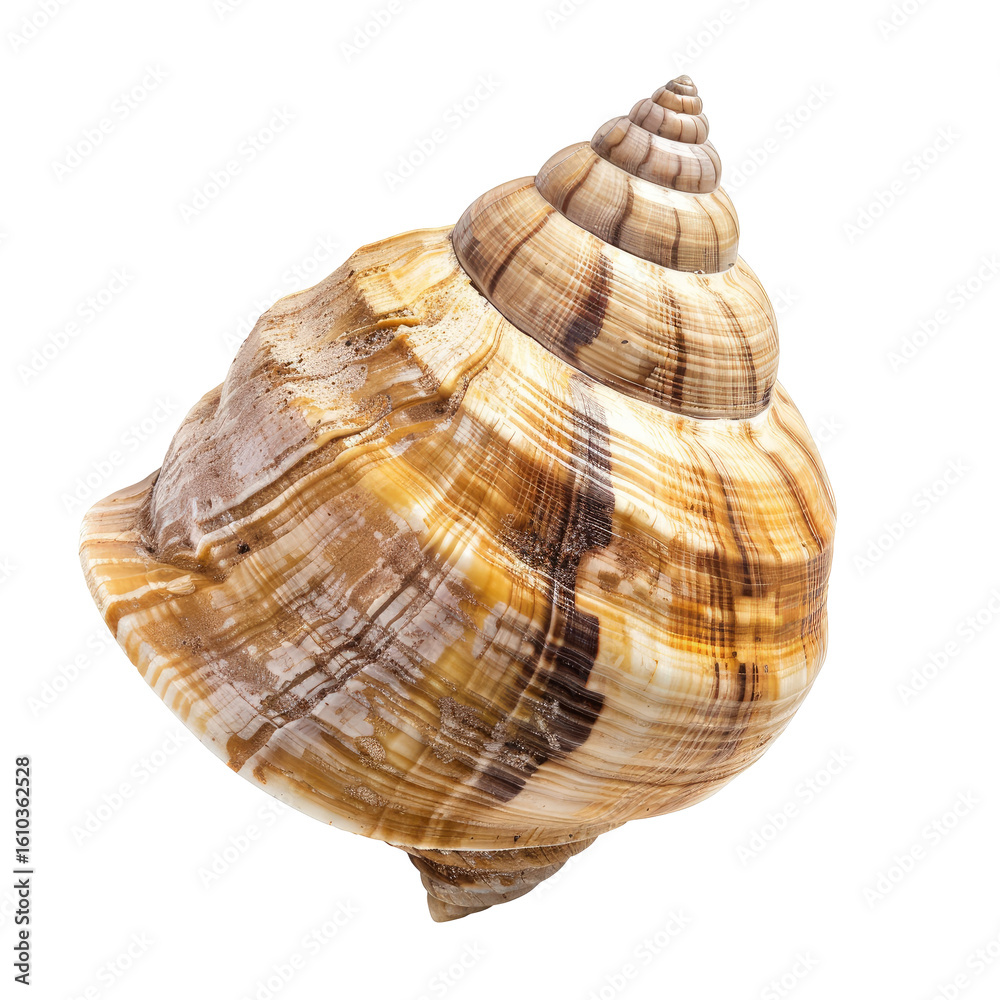 Obraz premium Close-up of a spiral seashell, light tan and brown stripes