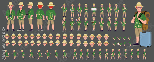 Traveler character model sheet, Character poses, expressions, Walk cycle, Run cycle animated character sequences.
