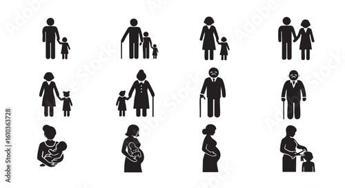 Family life stages and activities depicted as black silhouettes people children