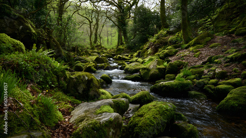 Lush Mossy Stones Line Woodland Stream