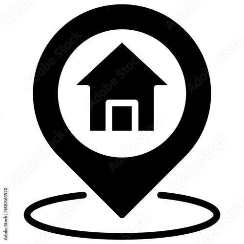 Home Location Glyph Black Silhouette Icon Vector Design - Home symbol inside location pin with base shadow, representing fixed residence or address