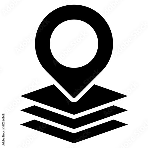Layered Location Glyph Black Silhouette Icon Vector Design - Location pin stacked on layered tiles, representing location layers or multi-level mapping