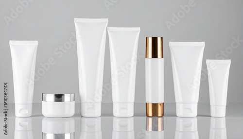 Elegant Makeup Cream Packaging Mockup Featuring Professional Jar and Tube Design in a Sleek Row Arrangement
