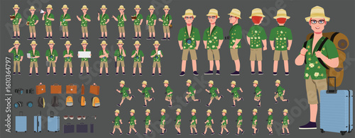 Traveler character model sheet, Character poses, expressions, Walk cycle, Run cycle animated character sequences.