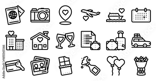 Honeymoon icon set related to couple, love, travel, vacation, romantic, romance, and others. vector illustration with line and outline style