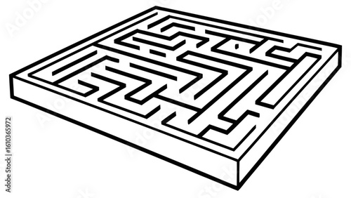 Isometric view of a complex black and white maze with a small sphere inside on a white background