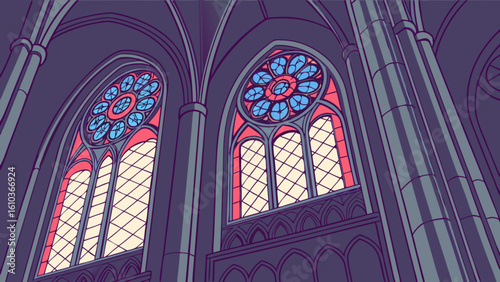 View looking up at ornate gothic architecture with stained glass windows and arching stone structures