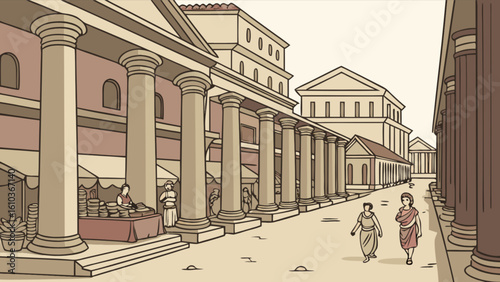 Illustration of an ancient roman street with columns and people walking by the buildings and market