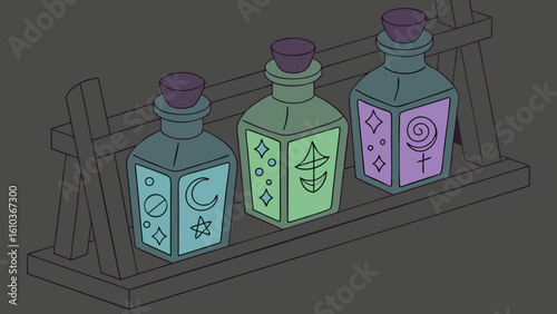 Magical potion bottles on shelf witchcraft brew elixir spell liquid occult fantasy apothecary alchemist glass