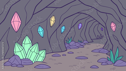 Explore the crystal cave vector illustration with colorful gemstones and rock formations for fantasy adventure
