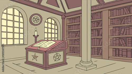 Explore a mystical library interior filled with books, pentagrams, and ancient arcane knowledge today