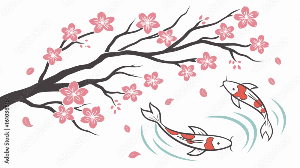 Fototapeta premium Cherry blossom tree with koi fish drawing vector illustration japanese oriental art design nature spring
