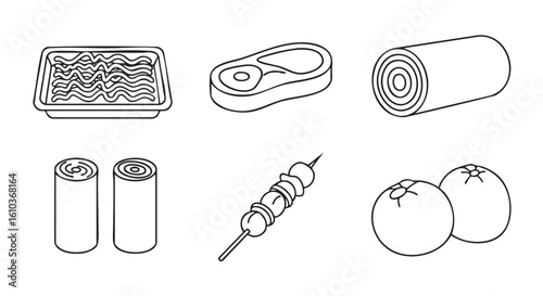 Food items steak skewers oranges logs and pasta vector