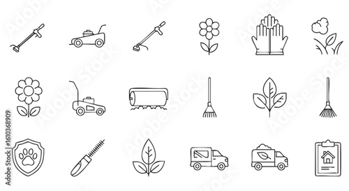 Gardening tools and plants icons lawnmower rake