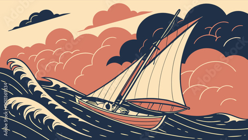 Vintage sailboat sailing on stormy sea illustration vector graphic design for nautical theme and travel concept