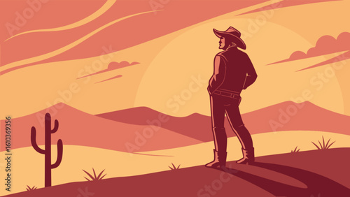 Lone cowboy at sunset vector art illustration in desert landscape western theme for graphic design project
