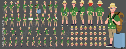 Traveler character model sheet, Character poses, expressions, Walk cycle, Run cycle animated character sequences.