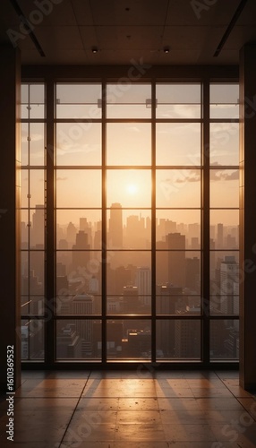 City skyline view from high-rise window at sunrise golden hour urban landscape