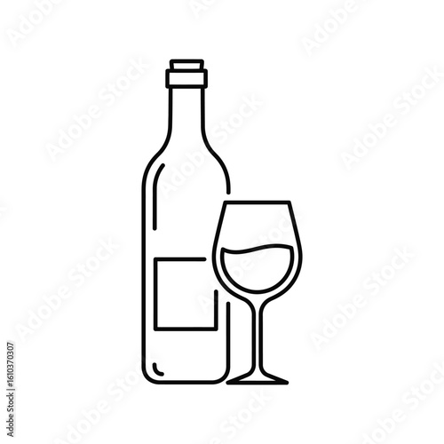 Wine Bottle and Glass Outline Vector, Alcoholic Beverage Illustration