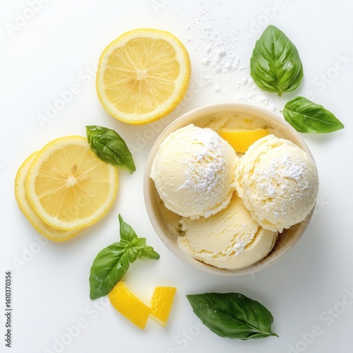 A creamy lemon-basil gelato served in a small elegant dish,