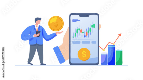 Stock market investment app for financial growth and trading analysis with mobile technology and coin asset