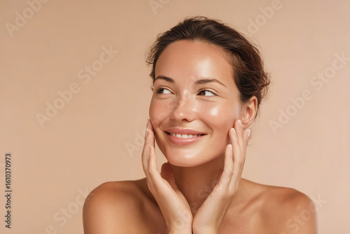 Happy Woman with Glowing Skin Looking Away on Beige Background