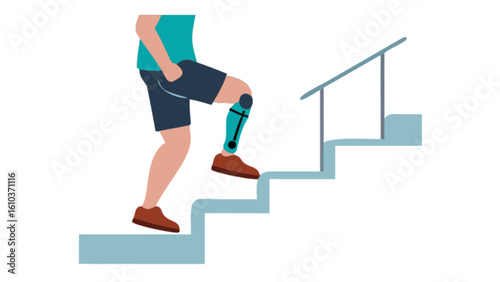 Prosthetic leg climbing stairs illustration for disability awareness and accessibility solutions design concept