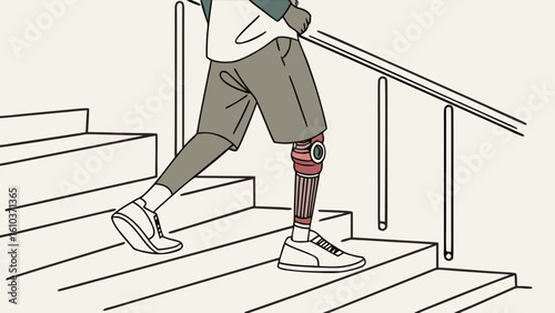 Illustration of man with prosthetic leg climbing stairs for accessibility and inclusion concept art