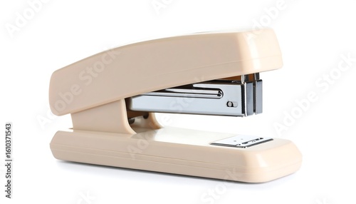 Beige plastic stapler, angled, isolated on white