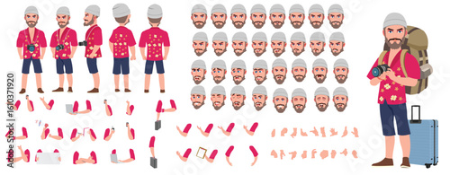 Traveler character model sheet, Character poses, expressions, Walk cycle, Run cycle animated character sequences.