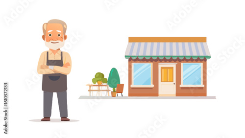 Cartoon shop owner standing in front of his store vector illustration for business and retail concept
