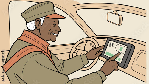Illustration of senior man driving car using navigation system gps for travel and transportation needs