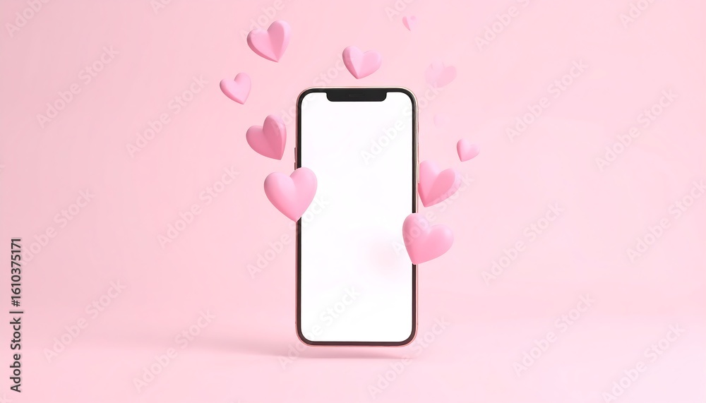 A smartphone floats against a pink background, surrounded by small, pink hearts