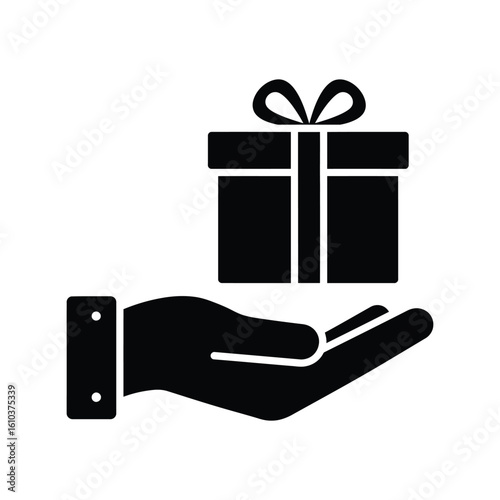 Hand holding gift box icon: giving, receiving, present, donation, reward vector