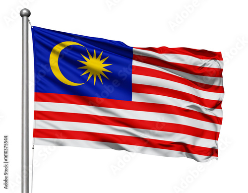 Malaysian Flag Waving on Steel Pole, Full View, Isolated on Transparent Background.
