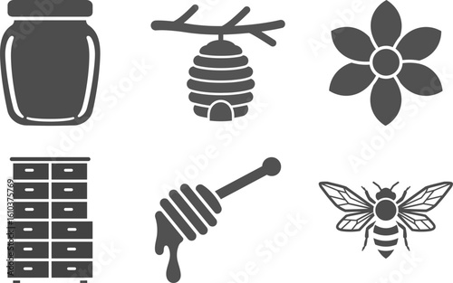 Honey and Bee Silhouette Icons Set - Natural Sweetness and Beekeeping Elements