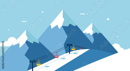 Ski Resort in Snowy Mountains with Ski Lift and Gondolas, Winter Landscape Illustration