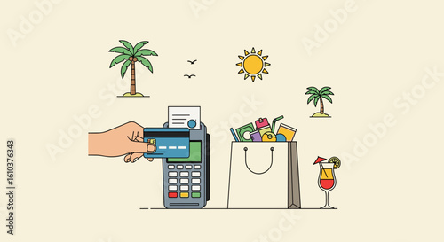 Payment with Credit Card for Vacation Shopping in Tropical Paradise with Palm Trees and Sunshine