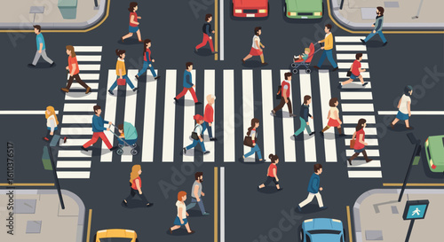 Busy City Street Crosswalk with Pedestrians Crossing and Cars Driving, Overhead View Illustration