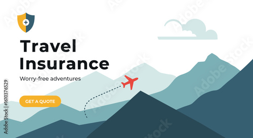 Travel Insurance Concept: Airplane flying over mountains, worry-free adventure illustration, flat design 