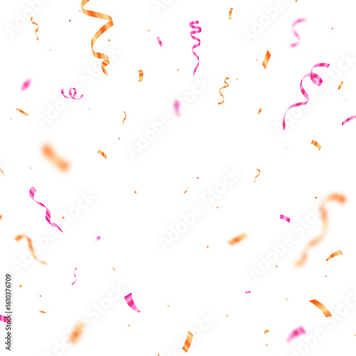 Festive falling confetti and ribbon streamers for celebration on white background, birthday, anniversary.
