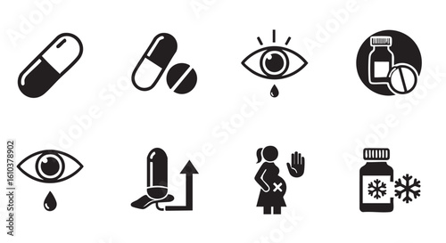 Medical icons pills eyes pregnancy cold storage healthcare capsules