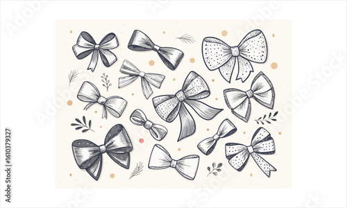 Collection of hand-drawn bows and ribbons in black and white sketch style
